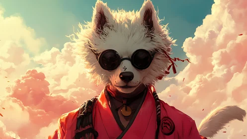 Samurai dog warrior in sunglasses under glowing sky.