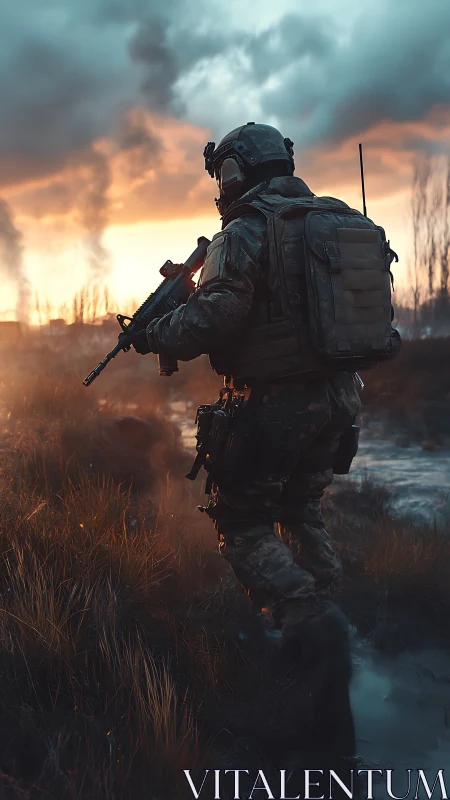 Tactical soldier patrols flooded field at cinematic sunset.