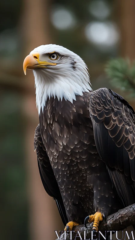 Bald eagle portrait on forest perch with detailed plumage study