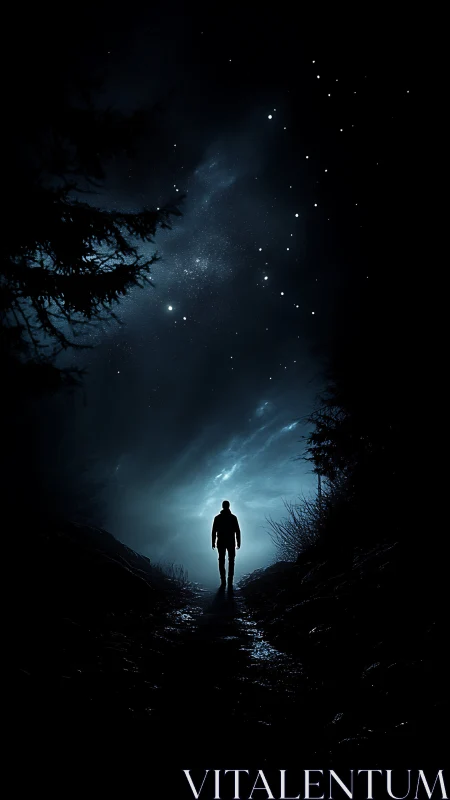 Silhouette stands on dark path beneath dense star field at night
