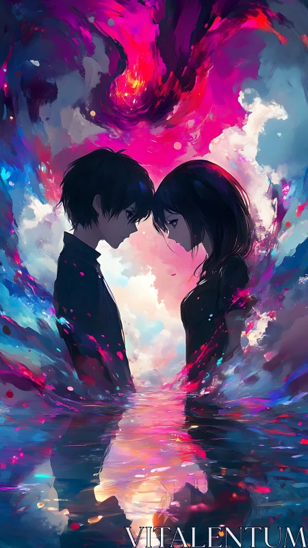 Two silhouetted figures facing in abstract neon landscape.