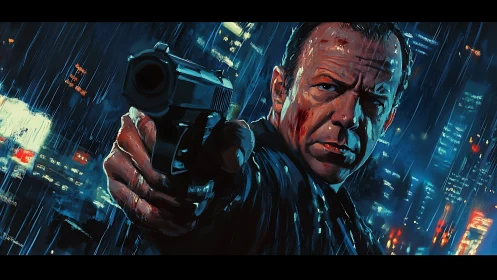 Rain-soaked close-up of wounded gunman in neon city alley