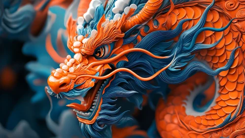 Coiled cerulean and orange dragon in intricate close-up.