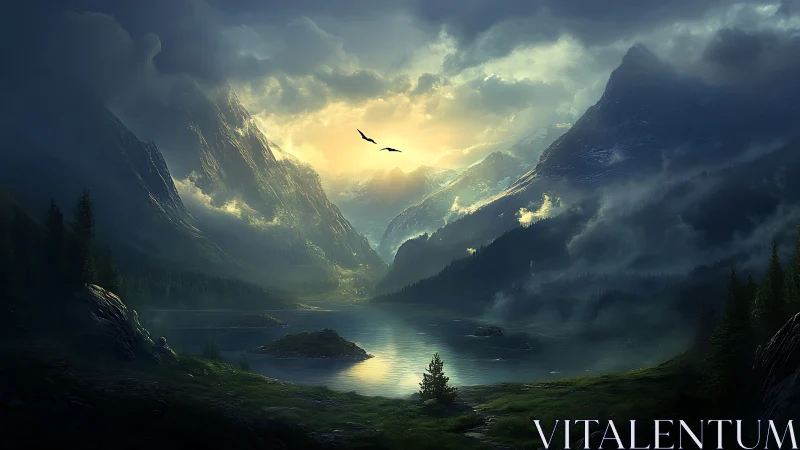 Sunlit valley lake rests beneath towering misty peaks.