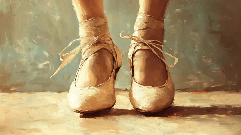 Impressionistic oil study captures worn ballet pointe shoes in repose