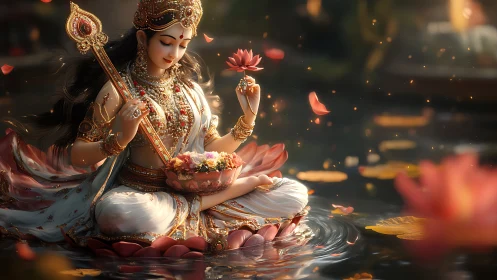 Gentle goddess rests on a lotus, cradling music and flowers