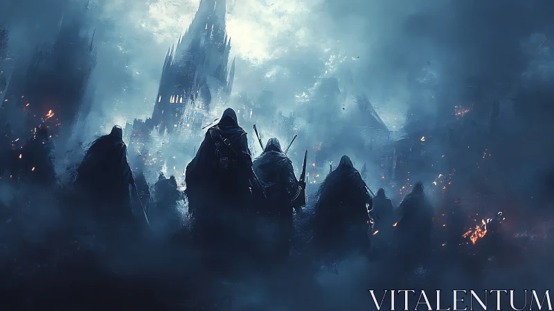 Cloaked warriors advance through war-torn citadel under cold fog