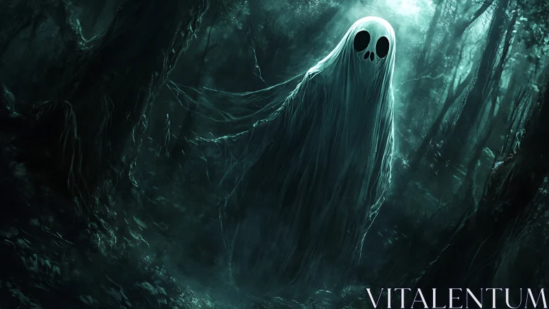 Translucent spectral entity drifts through high-contrast moonlit forest