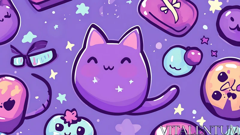 Whimsical Purple Cat Among Cosmic Orbs and Stars.