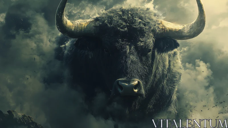 Storm-forged celestial bull emerges from roiling cloud armor