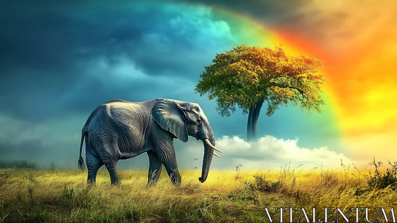 Gentle elephant wandering beneath a dream-bright rainbow sky.
