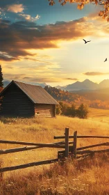 Golden rural cabin at sunset under dramatic sky.