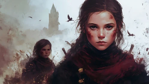Battle-scarred young heroine stares down a ruined winter realm