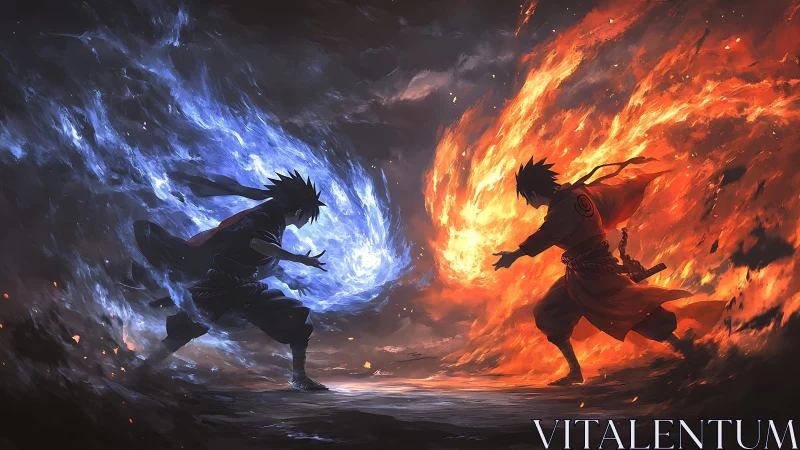Elemental warriors clash in explosive fire and ice duel.