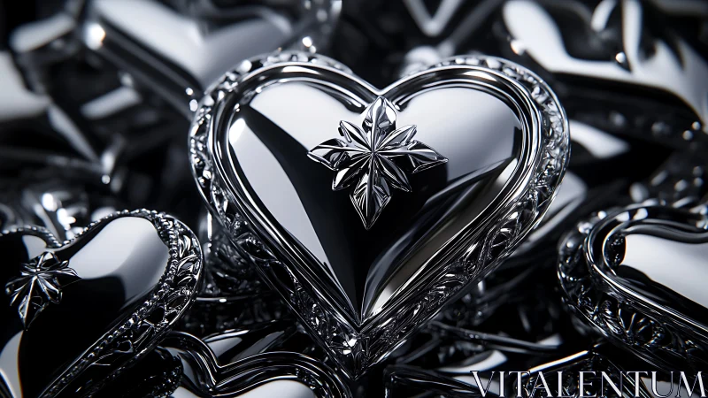 Ornamental heart sculpture with crystalline star motif rendered in monochromatic metallic tones.