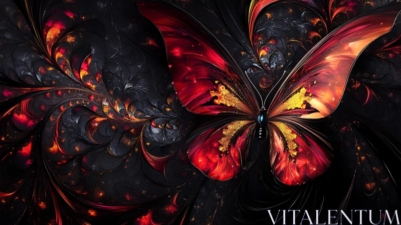 Fiery fractal butterfly glows against a dark cosmic bloom