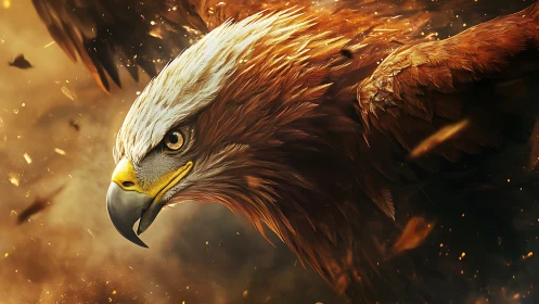 Majestic Eagle in Flight with Golden Feathers, Dramatic Digital Art.