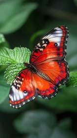 Macro study of red butterfly wing morphology on foliage.