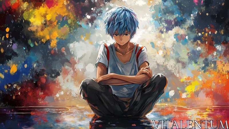 Solitary blue haired boy amid abstract color field.