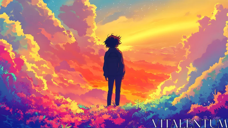 Silhouetted traveler gazes into a radiant, multicolored sky.