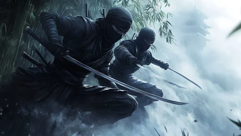 Stealthy twin ninjas advance through misty bamboo forest.