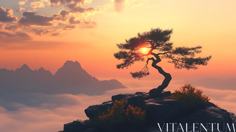 Solitary windswept pine silhouettes sun over misted mountains