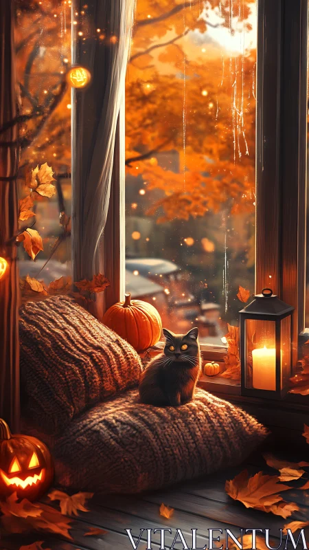 Digital painting of autumn window nook with black cat focus.