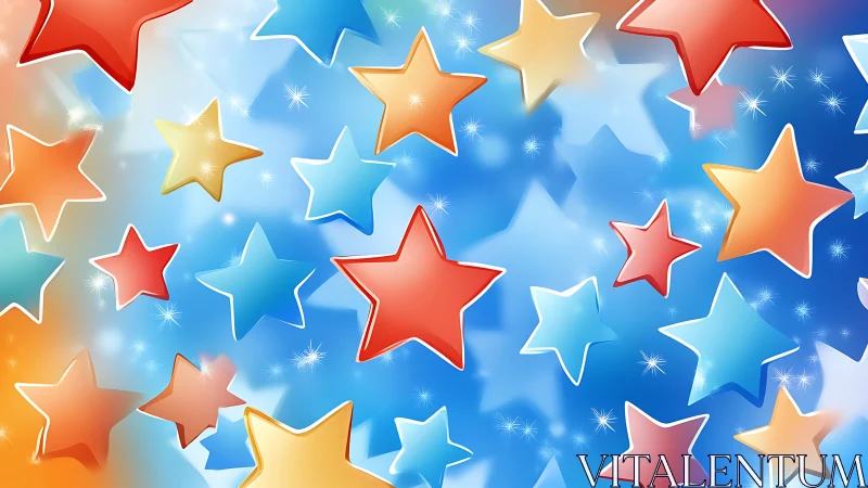 Vibrant multicolored star clusters on radiant blue field.