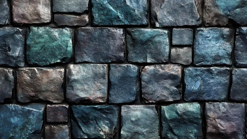 Textured dark stone wall with blue and green hues, realistic style.