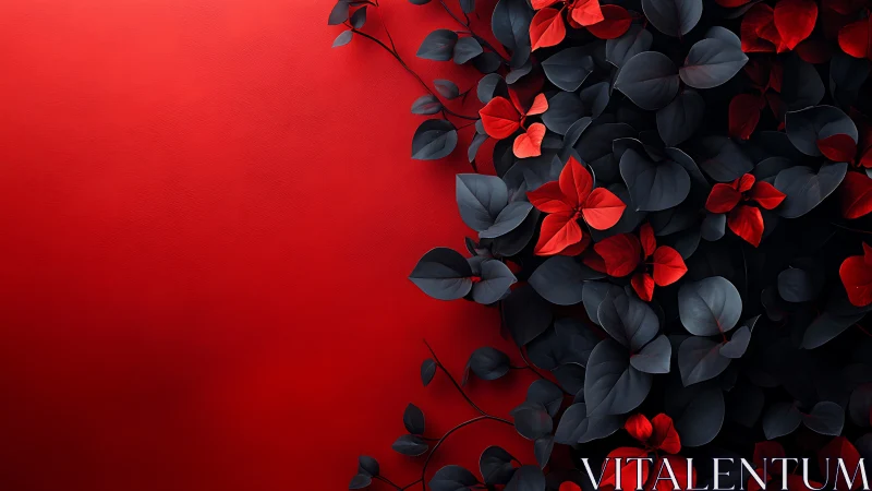 Scarlet leaves flow across deep red minimal background