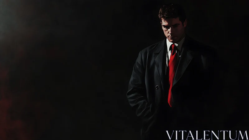 Man in dark overcoat stands in shadow with red tie