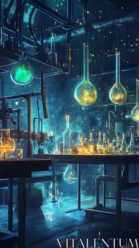 Luminous alchemy lab interior with suspended glass flasks.