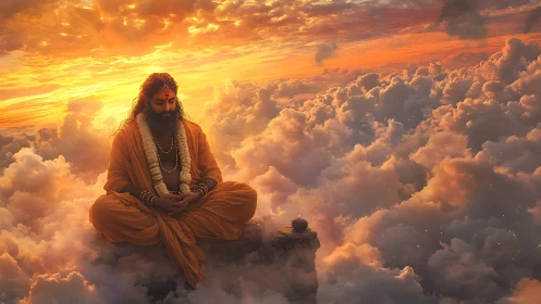 Digital painting of meditative sage above luminous cloudscape.