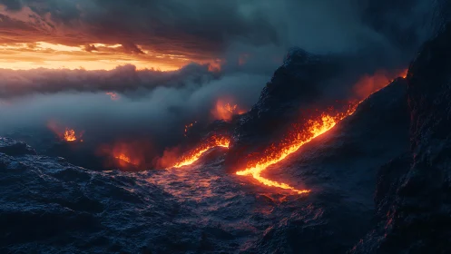 Volcanic Lava Flow at Dusk. Molten Streams Cascade Down Dark Stone.