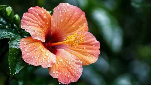 Hibiscus flower with water droplets on petals and foliage