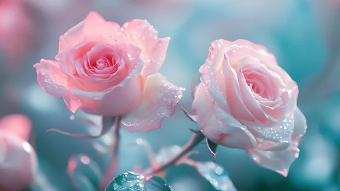 Pink roses with dew droplets captured in luminous bokeh lighting.