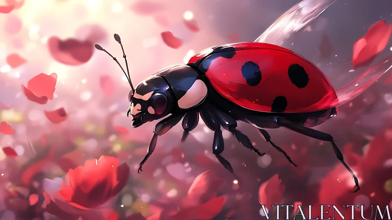 Ladybug in flight over dreamy red flower field.
