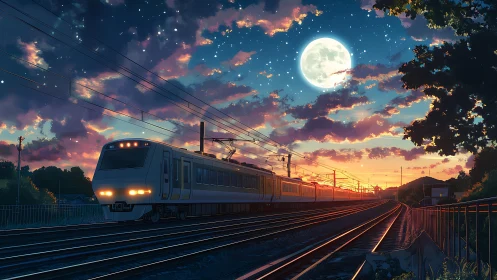 Express train passes rural tracks under glowing full moon