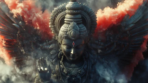 Winged stone deity sculpture with smoke and red clouds.