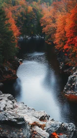 Narrow forest river gorge framed by vivid autumn foliage