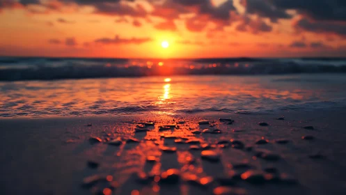 Low-angle coastal sunset with shallow depth of field and bokeh highlights