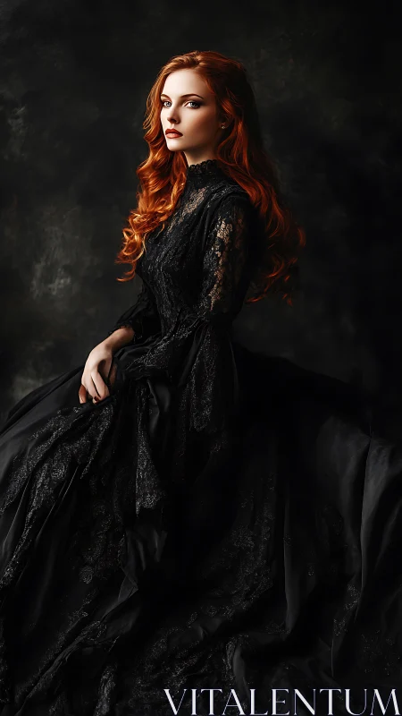 Portrait of red-haired woman in elaborate black lace dress.