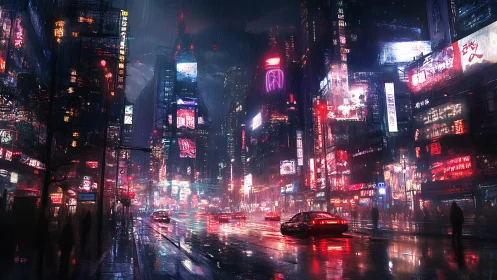 Neon rain drifting through a dreamy midnight city street.