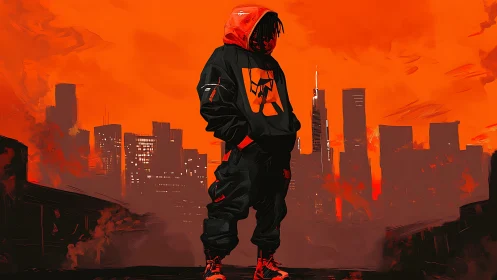 Streetwear figure against neon orange city skyline.