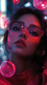Neon-lit portrait of woman in oversized glasses and orbs.