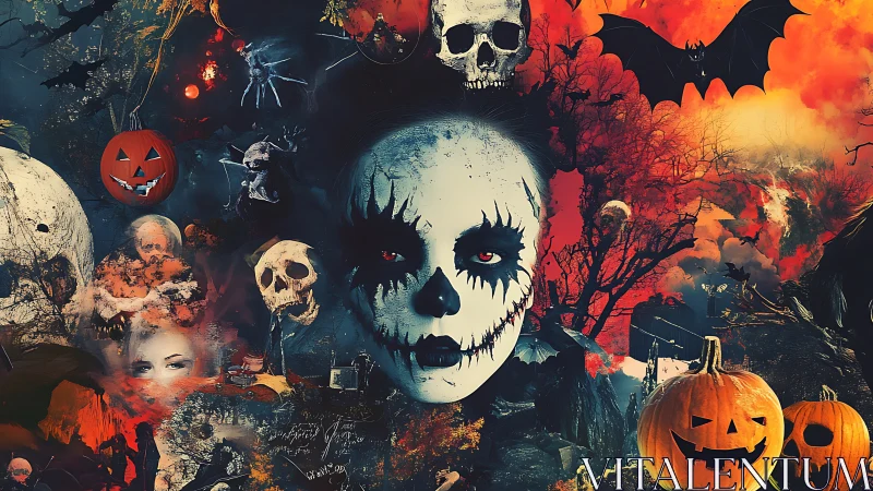 Haunted Halloween visage amid blazing pumpkins and skulls.