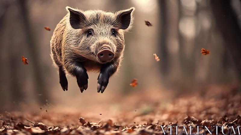 Bounding wild boar midair in autumn woodland glow.