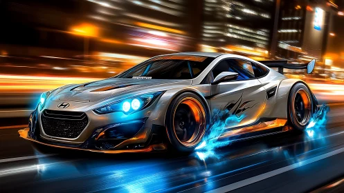 Night-city silver race car streaking with blue flames.