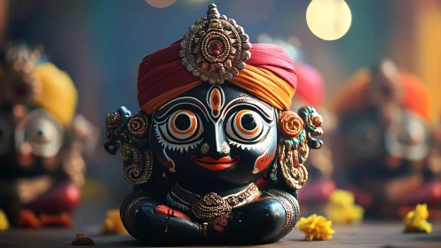 Ornate black Krishna idol with jeweled turban, bokeh lights