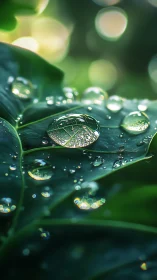Dew droplets on green leaf with soft blurred bokeh background.